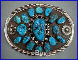 Large Vintage Navajo Sterling Silver Kingman Turquoise Cluster Belt Buckle OLD