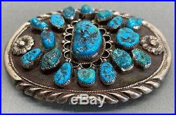 Large Vintage Navajo Sterling Silver Kingman Turquoise Cluster Belt Buckle OLD