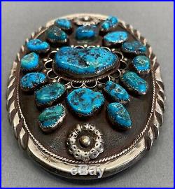 Large Vintage Navajo Sterling Silver Kingman Turquoise Cluster Belt Buckle OLD