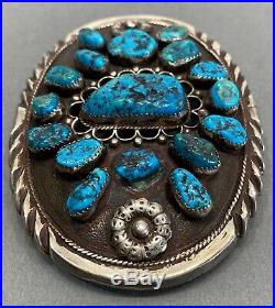 Large Vintage Navajo Sterling Silver Kingman Turquoise Cluster Belt Buckle OLD