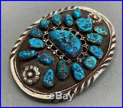 Large Vintage Navajo Sterling Silver Kingman Turquoise Cluster Belt Buckle OLD