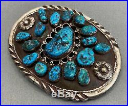 Large Vintage Navajo Sterling Silver Kingman Turquoise Cluster Belt Buckle OLD
