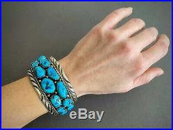 Large Vintage Navajo Sterling Silver Kingman Turquoise Cuff Bracelet 7.5 Wrist