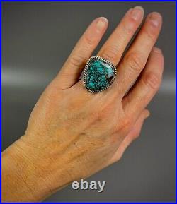 Large Vintage Navajo Sterling Silver Spiderweb Turquoise Ring Beautiful Stone