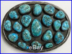 Large Vintage Navajo Sterling Silver Turquoise Cluster Belt Buckle OLD