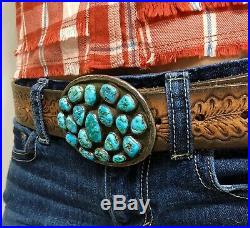 Large Vintage Navajo Sterling Silver Turquoise Cluster Belt Buckle OLD