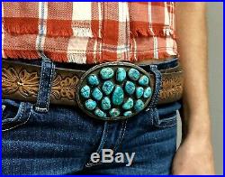 Large Vintage Navajo Sterling Silver Turquoise Cluster Belt Buckle OLD