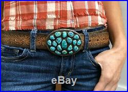 Large Vintage Navajo Sterling Silver Turquoise Cluster Belt Buckle OLD