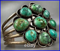 Large Vintage Navajo Sterling Silver Turquoise Cluster Cuff Bracelet