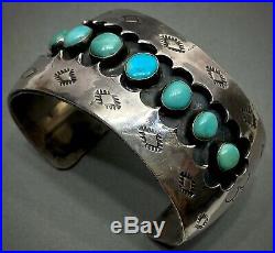 Large Vintage Navajo Sterling Silver Turquoise Cuff Bracelet OLD And HEAVY