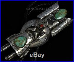 Large Vintage Old Pawn Navajo TURQUOISE KACHINA Corn Maiden Sterling BOLO TIE