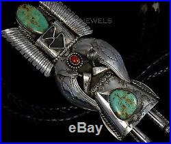 Large Vintage Old Pawn Navajo TURQUOISE KACHINA Corn Maiden Sterling BOLO TIE
