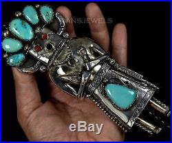 Large Vintage Old Pawn Navajo TURQUOISE KACHINA Sterling Silver BOLO TIE
