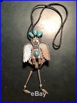 Large Vintage Old Pawn Navajo TURQUOISE KACHINA Sterling Silver BOLO TIE