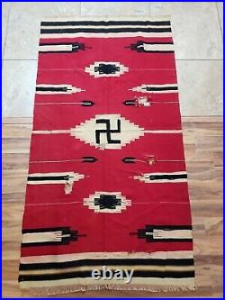 Large Vtg c. Early 1900's Native American Indian Chimayo Whirling Log Rug 70x36