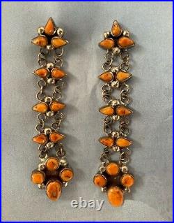 Long Vintage Native American Spiney Spiny Oyster Earrings, Navajo Sterling