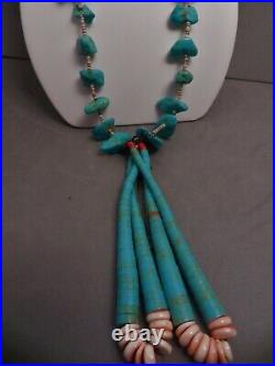 Long Vintage Navajo Turquoise Nuggets & Olive Shell Heishi Jacla Necklace