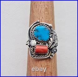 Lorraine Spencer Vintage 925 Sterling Silver Turquoise And Coral Ring Size 8.25