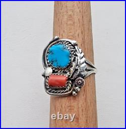 Lorraine Spencer Vintage 925 Sterling Silver Turquoise And Coral Ring Size 8.25