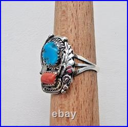 Lorraine Spencer Vintage 925 Sterling Silver Turquoise And Coral Ring Size 8.25