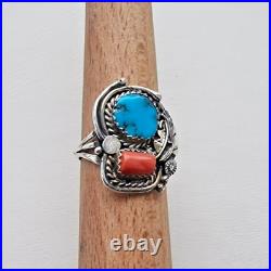 Lorraine Spencer Vintage 925 Sterling Silver Turquoise And Coral Ring Size 8.25