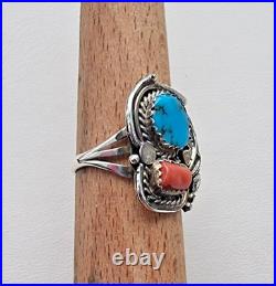 Lorraine Spencer Vintage 925 Sterling Silver Turquoise And Coral Ring Size 8.25