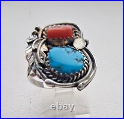Lorraine Spencer Vintage 925 Sterling Silver Turquoise And Coral Ring Size 8.25