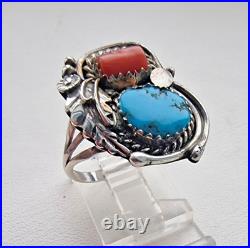 Lorraine Spencer Vintage 925 Sterling Silver Turquoise And Coral Ring Size 8.25