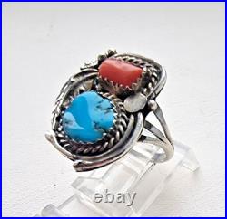 Lorraine Spencer Vintage 925 Sterling Silver Turquoise And Coral Ring Size 8.25