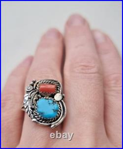 Lorraine Spencer Vintage 925 Sterling Silver Turquoise And Coral Ring Size 8.25