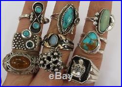 Lot of 9 old vintage pawn rings Navajo turquoise amber modernist sterling silver