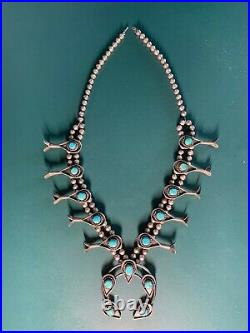 Lovely Vintage Sterling Silver & Turquoise Squash Blossom Necklace No Reserve