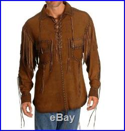 MEN'S NATIVE AMERICAN Style BROWN Buck Skin/COW SUEDE LEATHER FRINGES SHIRT