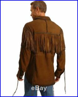 MEN'S NATIVE AMERICAN Style BROWN Buck Skin/COW SUEDE LEATHER FRINGES SHIRT