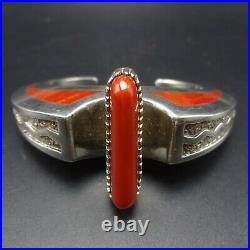 MICHAEL PERRY Vintage NAVAJO Sterling Silver Overlay CORAL INLAY Cuff BRACELET