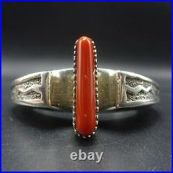 MICHAEL PERRY Vintage NAVAJO Sterling Silver Overlay CORAL INLAY Cuff BRACELET