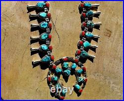 Magnificent Vintage Sterling Silver & Coral & Turquoise Squash Blossom Necklace