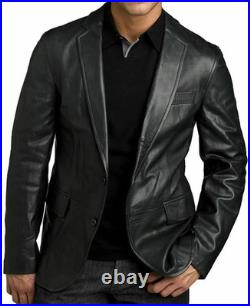 Men Black Genuine Leather Blazer Lambskin Leather Business Wear Two Button Coat