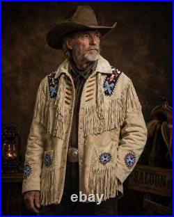 Men Western Cowboy Suede Fringe Jacket Beaded Native American Leather Jacket