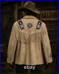 Men Western Cowboy Suede Fringe Jacket Beaded Native American Leather Jacket