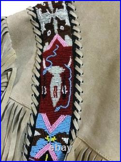 Men Western Cowboy Suede Fringe Jacket Beaded Native American Leather Jacket