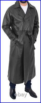 Men's Black Full Length Leather Trench Coat Double Breasted Long Over Coat