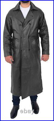 Men's Black Full Length Leather Trench Coat Double Breasted Long Over Coat