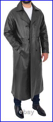 Men's Black Full Length Leather Trench Coat Double Breasted Long Over Coat