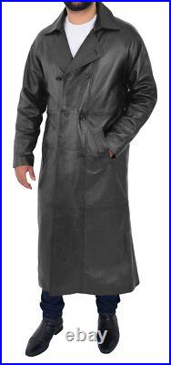 Men's Black Full Length Leather Trench Coat Double Breasted Long Over Coat