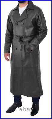 Men's Black Full Length Leather Trench Coat Double Breasted Long Over Coat Men's Black Full Length Leather Trench Coat Double Breasted Long Over Coat