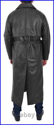 Men's Black Full Length Leather Trench Coat Double Breasted Long Over Coat