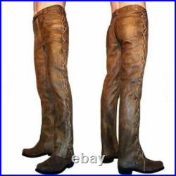 Men's Cowboy Pants Western Distressed Vintage Native American Side Laces Up Pant