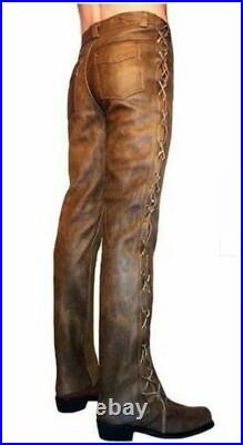 Men's Cowboy Pants Western Distressed Vintage Native American Side Laces Up Pant