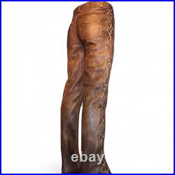 Men's Cowboy Pants Western Distressed Vintage Native American Side Laces Up Pant